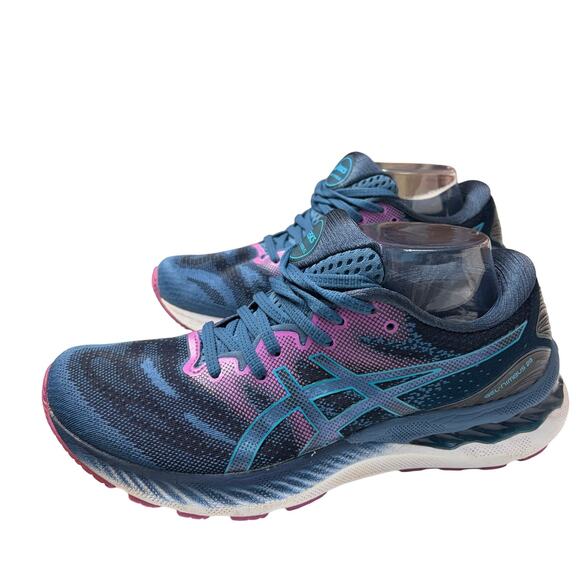 Asics Women’s 10 Gel Nimbus 23 Blue & Pink Running Shoes Sneakers Padded 42 - Picture 2 of 7